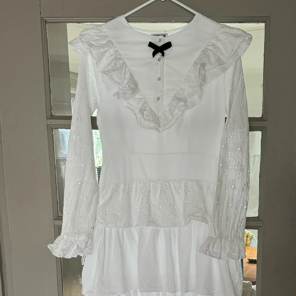 Batsheva White Ruffled Tiered Long Cotton Dress with Black Bow Medium US 6 - Picture 4 of 7